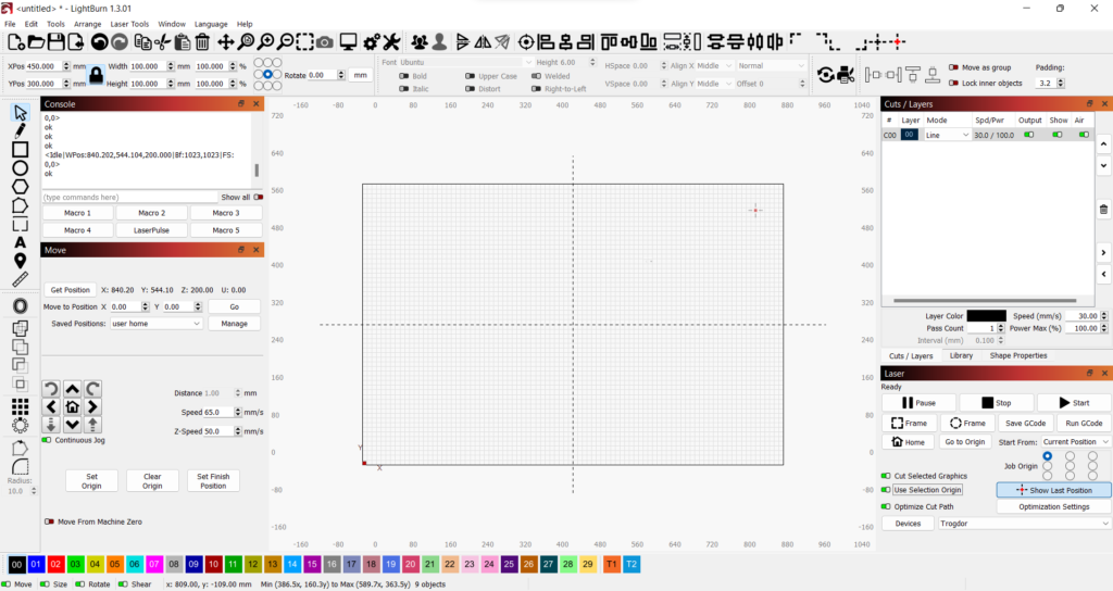 A screenshot of the user interface to Lightburn shortly after launching the program.