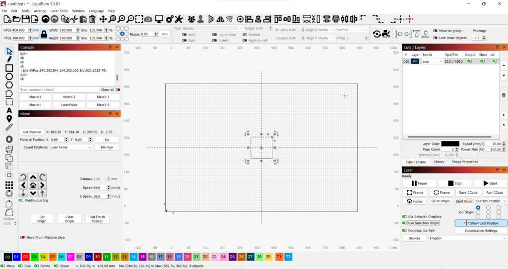 Lightburn after importing a 100cm square. The square is visible in the center of the canvas, highlight
